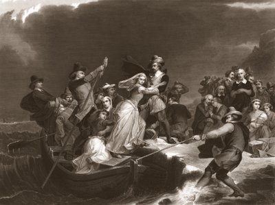 Pellegrini che sbarcano a Plymouth Rock nel 1620, pub.1869 da Peter Frederick Rothermel